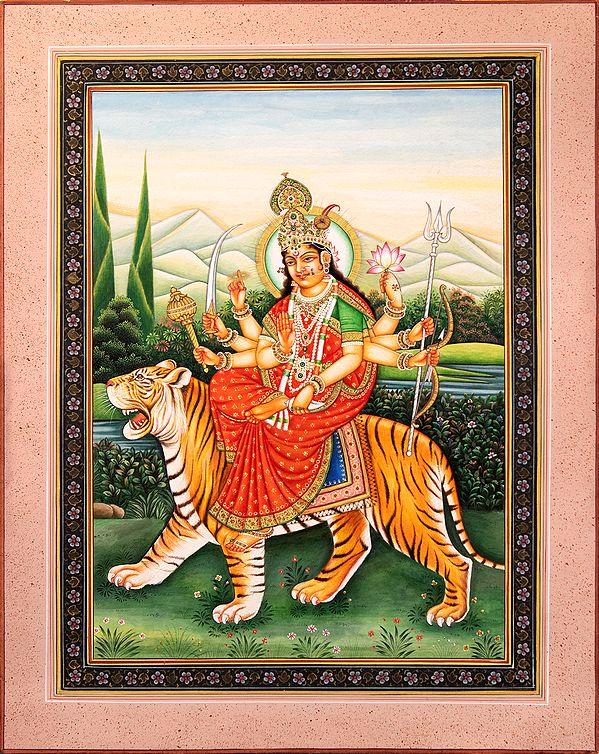 exotic india Ashta-bhuja-dhari Devi Durga Painting | Watercolor on Canvas 