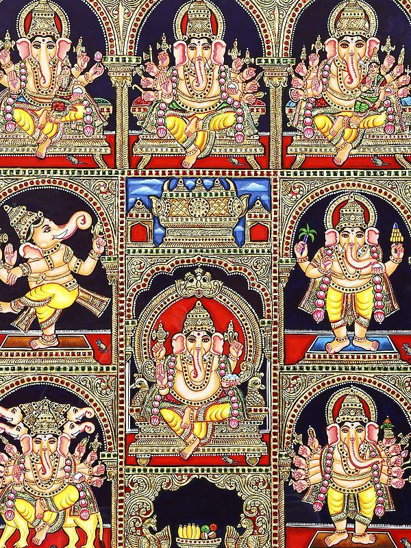 Exotic India Ashta Ganapati | 24 Karat Gold Work | Framed Tanjore Painting 