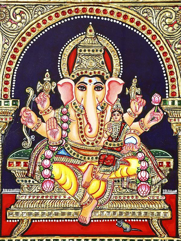 Exotic India Ashta Ganapati | 24 Karat Gold Work | Framed Tanjore Painting 