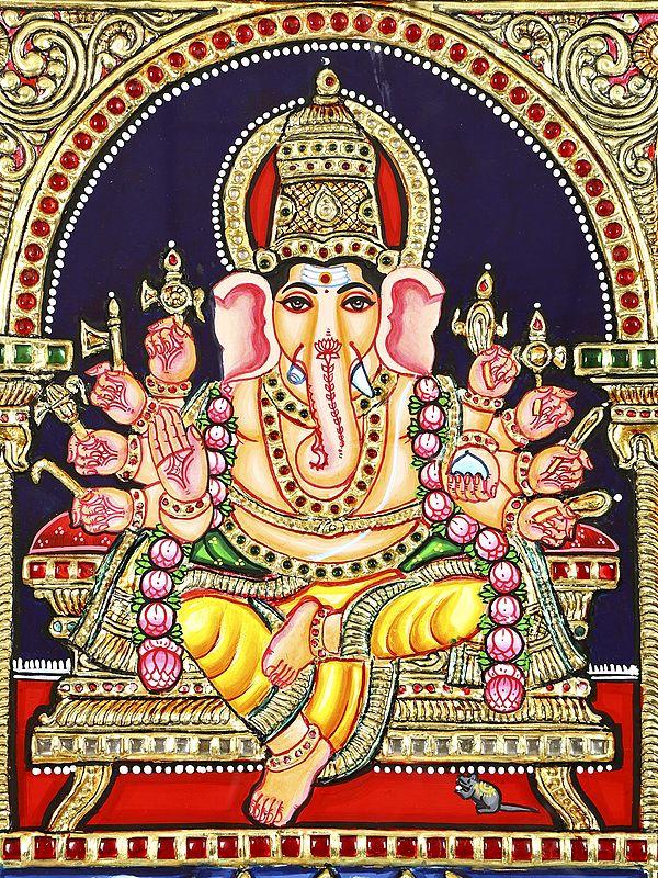 Exotic India Ashta Ganapati | 24 Karat Gold Work | Framed Tanjore Painting 