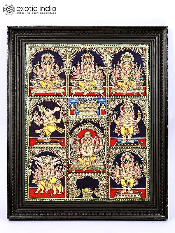 exotic india Ashta Ganapati | 24 Karat Gold Work | Framed Tanjore Painting 