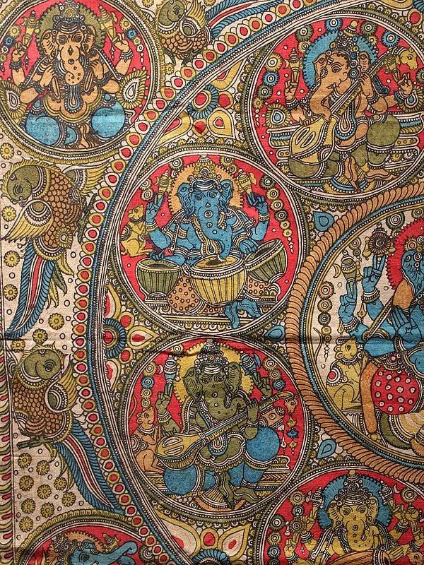 Exotic India Ashta-Ganesha With Shakti Ganesha In Center | Kalamkari Painting