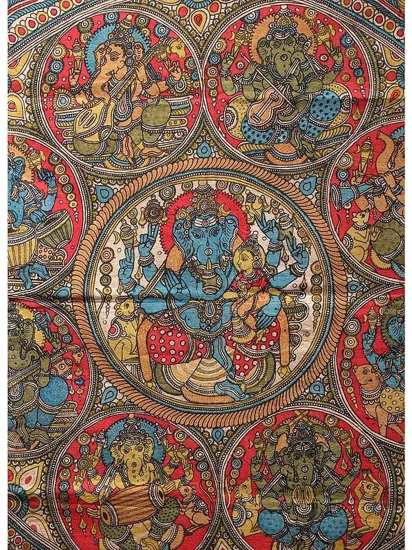 Exotic India Ashta-Ganesha With Shakti Ganesha In Center | Kalamkari Painting