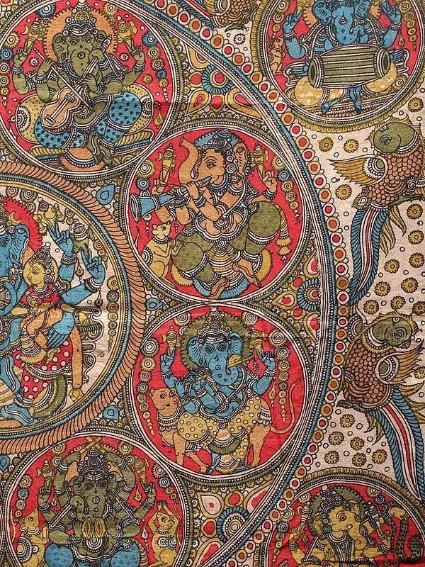 Exotic India Ashta-Ganesha With Shakti Ganesha In Center | Kalamkari Painting