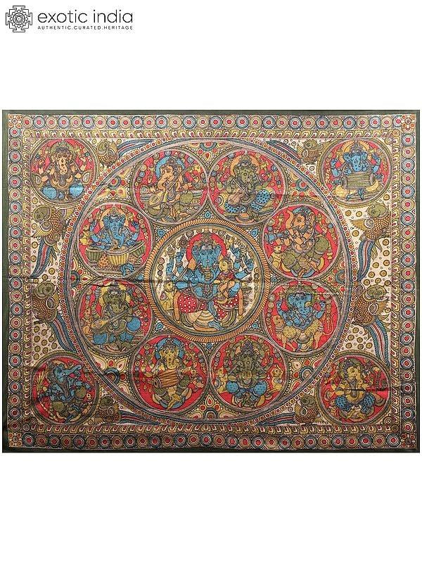 exotic india Ashta-Ganesha with Shakti Ganesha In Center | Kalamkari Painting 