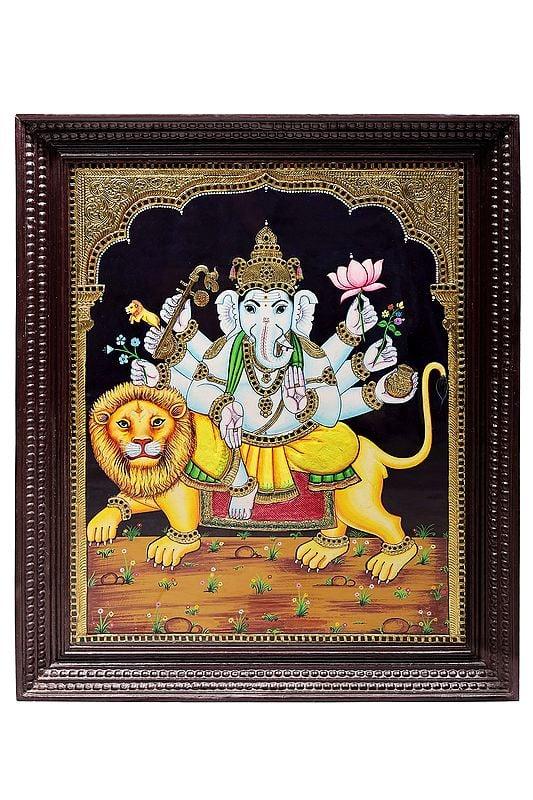 exotic india Ashtabhuja Lord Ganesha Seated on Lion Tanjore Painting | Traditional Colors With 24K Gold | Teakwood Frame | Gold & Wood | Handmade | Made In India