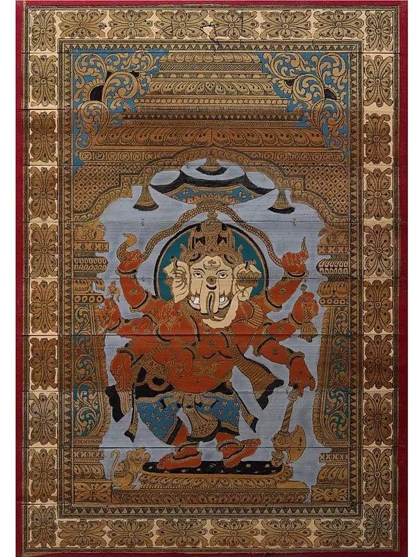 exotic india Ashtabhujadhari Dancing Lord Ganesha | Pattachitra Painting on Palm Leaf 
