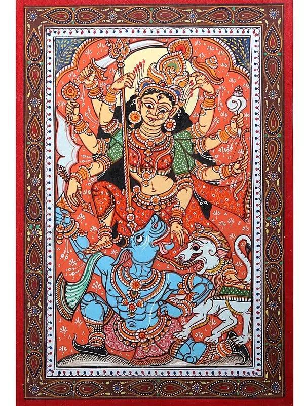 exotic india Ashtabhujadharini Goddess Durga (Mahishasuramardini) | Pattachitra Painting from Odisha 