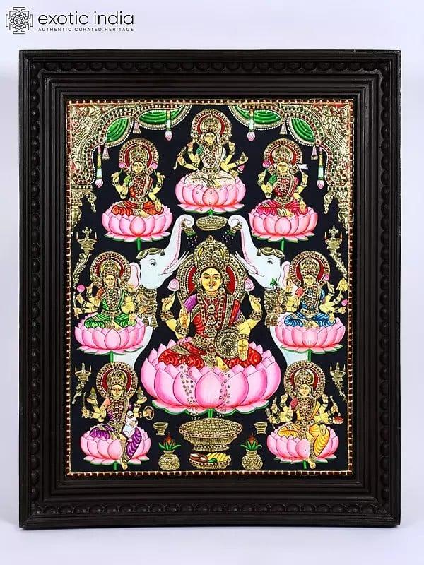 exotic india Ashtalakshmi - Eight Forms of Goddess Lakshmi | 24 Karat Gold Work | Framed Tanjore Painting