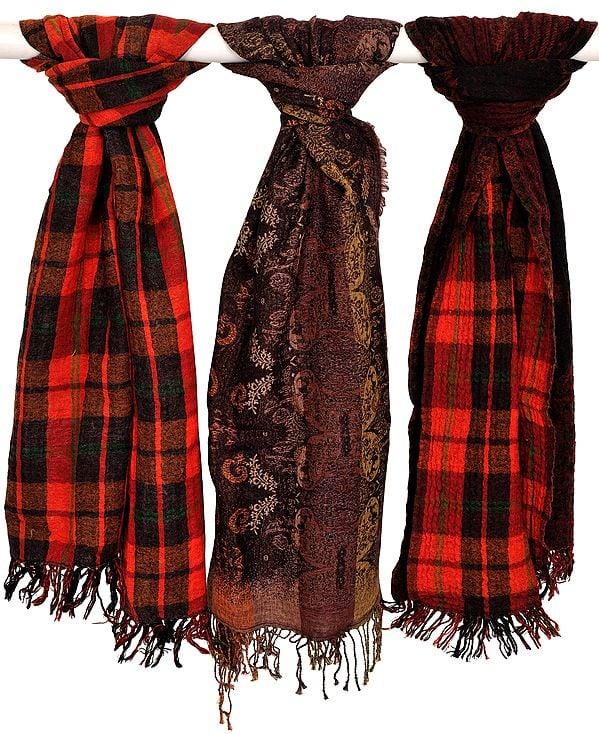 exotic india Assorted Lot of Three Reversible Jacquard Jamawar Scarves