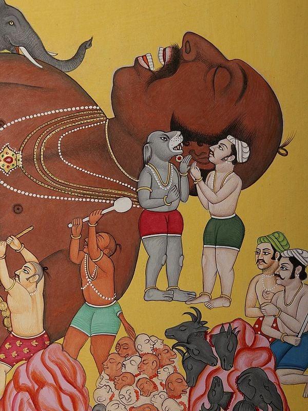Exotic India Attendants Waking Kumbhakarana Ravana’s Younger Brother