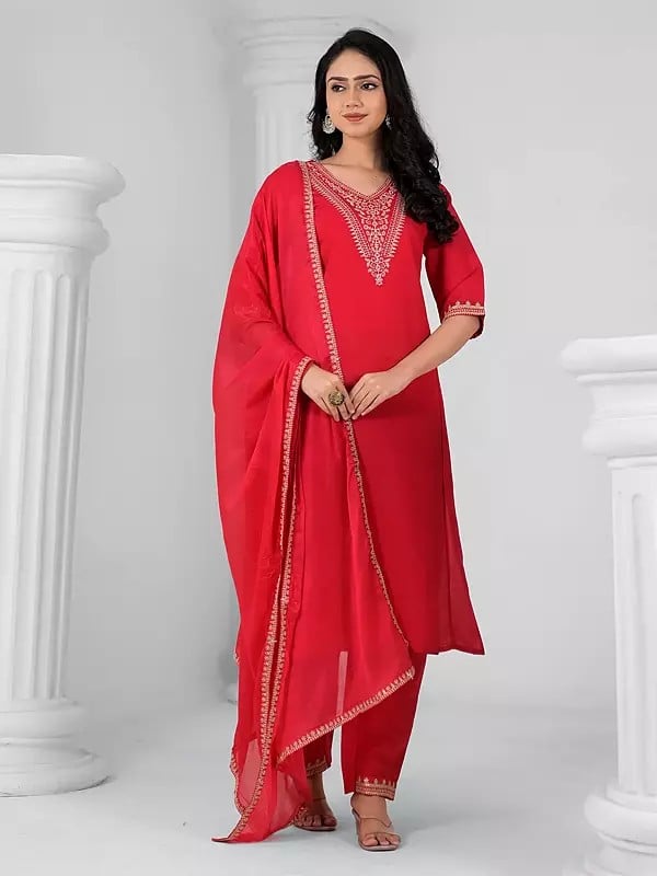 Exotic India Attractive A-Line Sequins Work V-Neck Festive Wear Viscose Chanderi Kurta Set With Matching Dupatta 