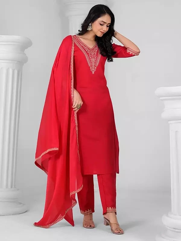 Exotic India Attractive A-Line Sequins Work V-Neck Festive Wear Viscose Chanderi Kurta Set With Matching Dupatta 