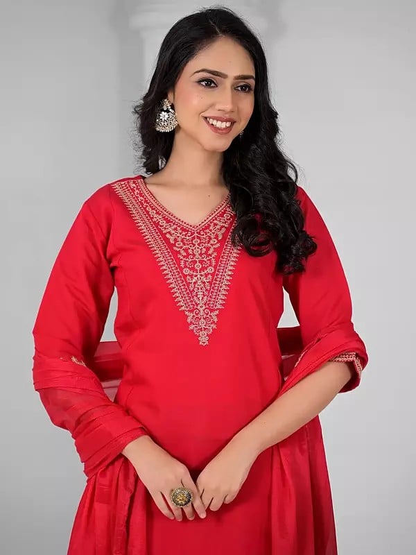 Exotic India Attractive A-Line Sequins Work V-Neck Festive Wear Viscose Chanderi Kurta Set With Matching Dupatta 