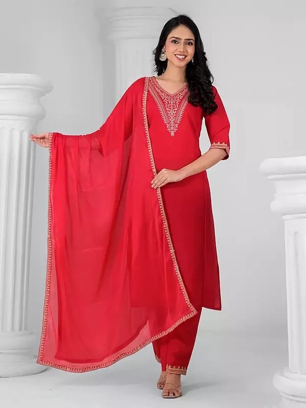 exotic india Attractive A-Line Sequins Work V-Neck Festive Wear Viscose Chanderi Kurta Set With Matching Dupatta