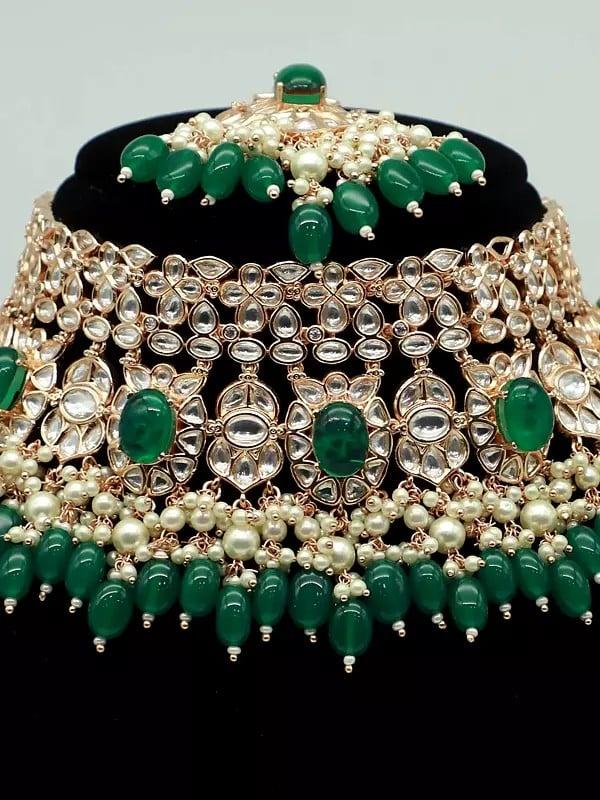 Exotic India Attractive Beaded And Stone Studded Choker Necklace With Matching Earrings And Mangtika