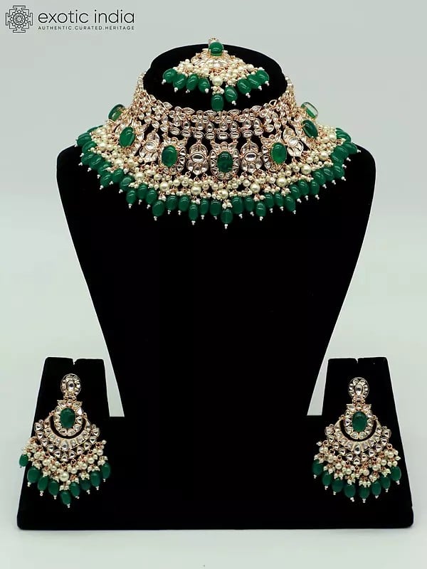 exotic india Attractive Beaded And Stone Studded Choker Necklace With Matching Earrings And Mangtika 