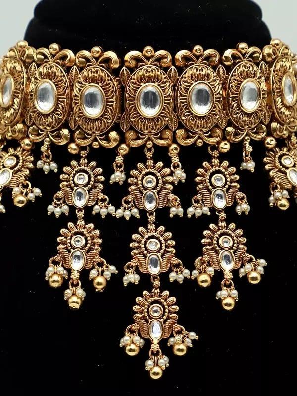 Exotic India Attractive Brass Necklace Set With Carving Earrings And Beads