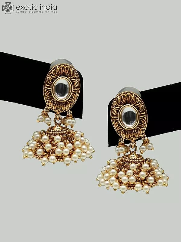 Exotic India Attractive Brass Necklace Set With Carving Earrings And Beads