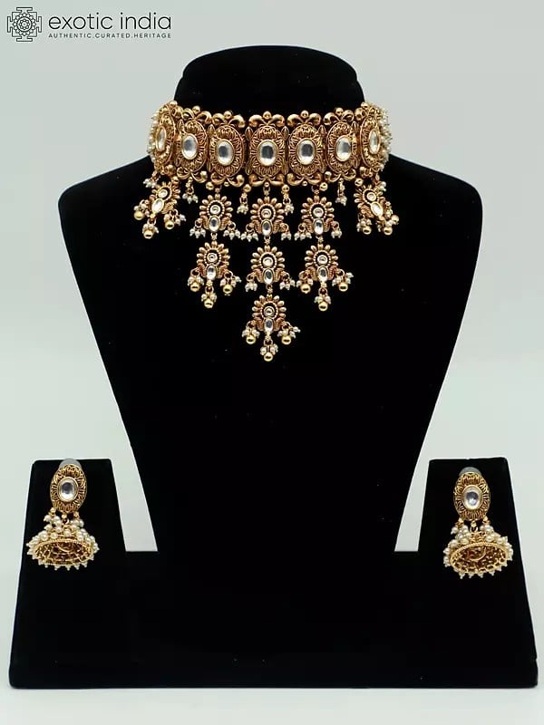 exotic india Attractive Brass Necklace Set With Carving Earrings And Beads