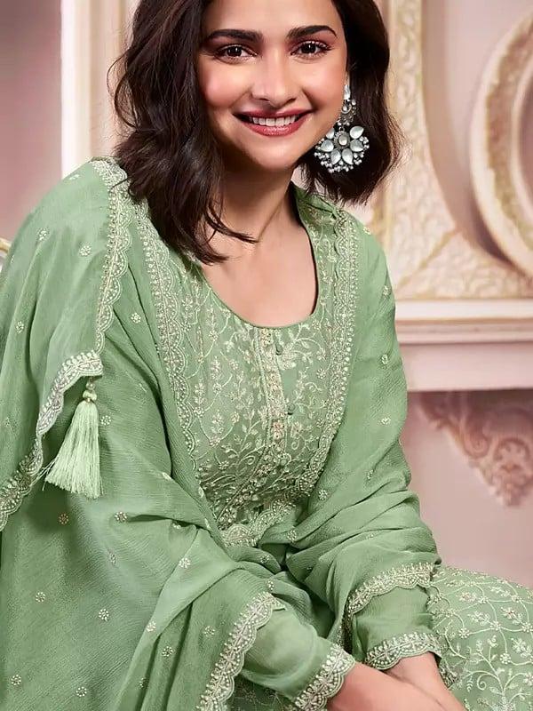 Exotic India Attractive Chinon Silk Thread Embroidered And Sequins Work Salwar Suit With Dupatta