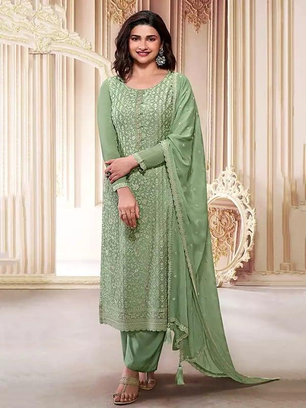 exotic india Attractive Chinon Silk Thread Embroidered And Sequins Work Salwar Suit With Dupatta 