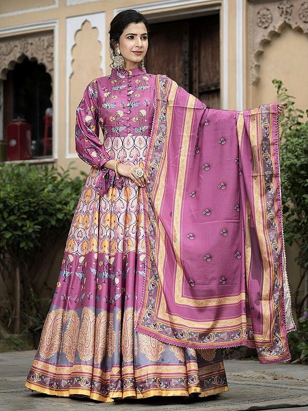 Exotic India Attractive Digital Print Flared High Neck Festive Wear Soft Dola Silk Gown With Chinon Dupatta