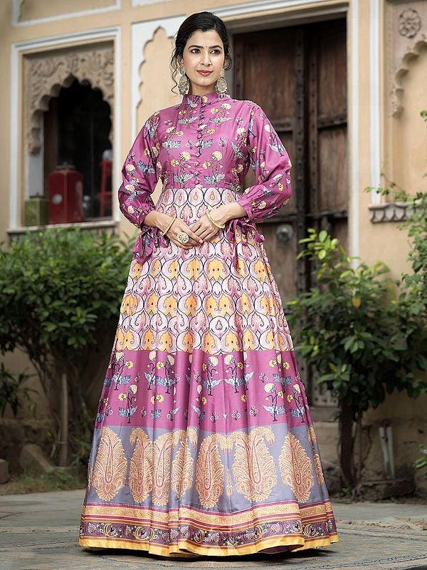Exotic India Attractive Digital Print Flared High Neck Festive Wear Soft Dola Silk Gown With Chinon Dupatta
