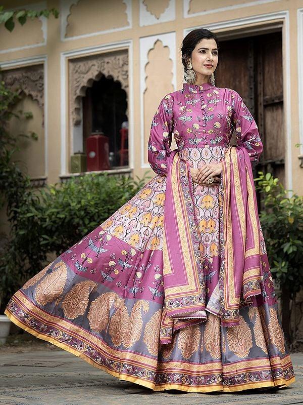Exotic India Attractive Digital Print Flared High Neck Festive Wear Soft Dola Silk Gown With Chinon Dupatta