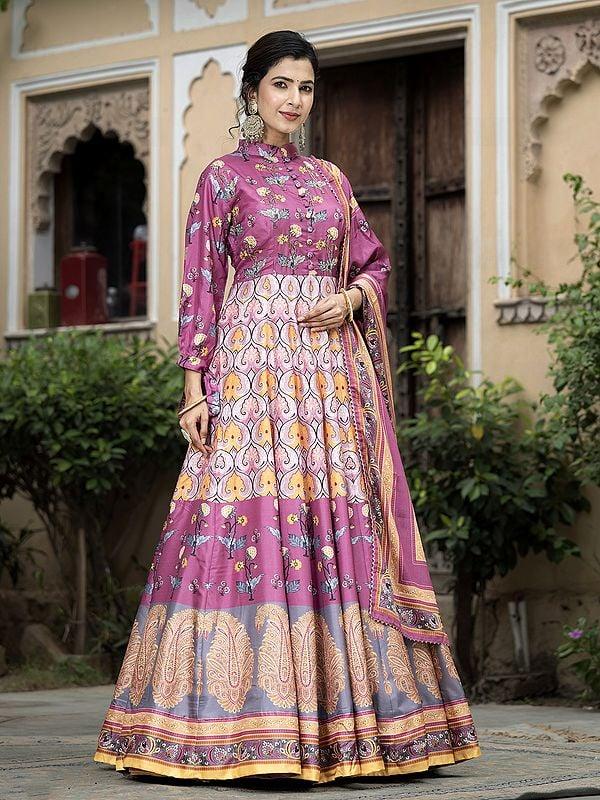 exotic india Attractive Digital Print Flared High Neck Festive Wear Soft Dola Silk Gown With Chinon Dupatta
