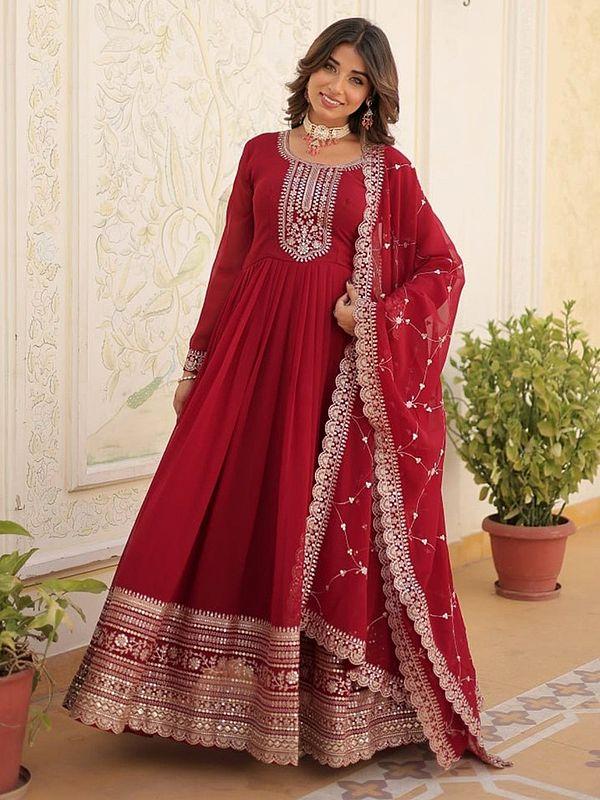 Exotic India Attractive Flared Georgette Sequins Work Party Wear Gown With Matching Dupatta