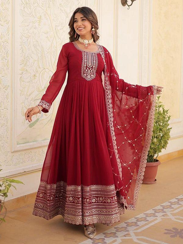 Exotic India Attractive Flared Georgette Sequins Work Party Wear Gown With Matching Dupatta