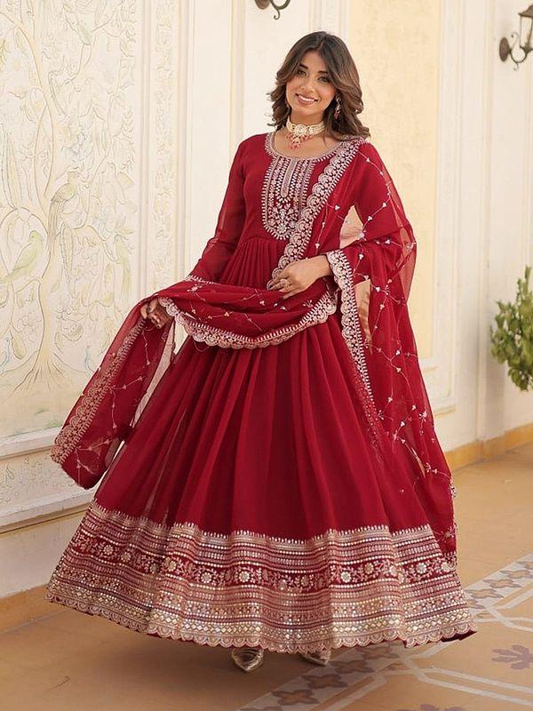 Exotic India Attractive Flared Georgette Sequins Work Party Wear Gown With Matching Dupatta