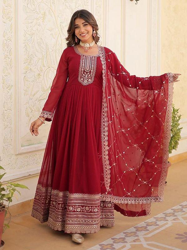 exotic india Attractive Flared Georgette Sequins Work Party Wear Gown With Matching Dupatta 