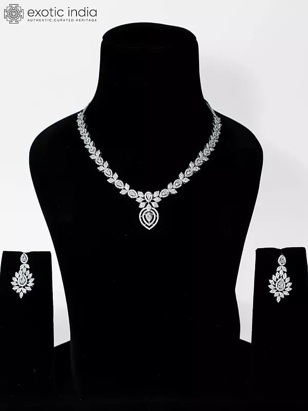 exotic india Attractive Floral Design Stone Studded American Diamond Necklace Set With Earrings 