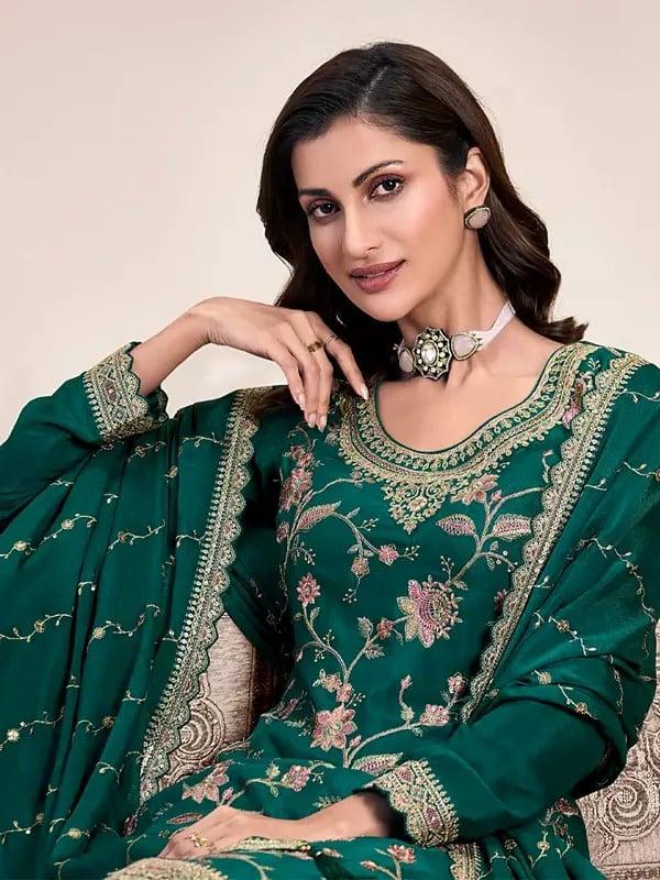 Exotic India Attractive Heavy Thread Sequins And Embroidery Work Chinon Palazzo Suit With Matching Dupatta 