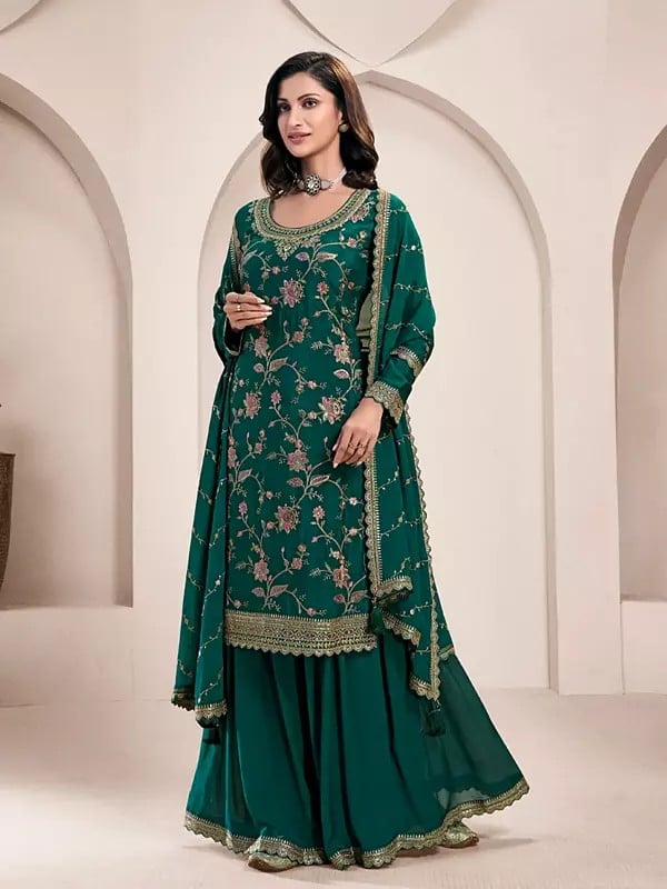 exotic india Attractive Heavy Thread Sequins And Embroidery Work Chinon Palazzo Suit With Matching Dupatta