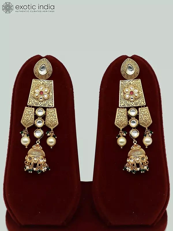 Exotic India Attractive Kundan Stone Necklace Set In Brass With Mangtika And Hanging Beads Earrings For Bride 
