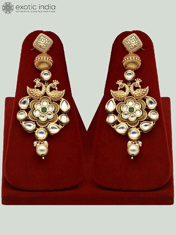 Exotic India Attractive Kundan Studded Necklace Set With Peacock Pendant And Earrings 