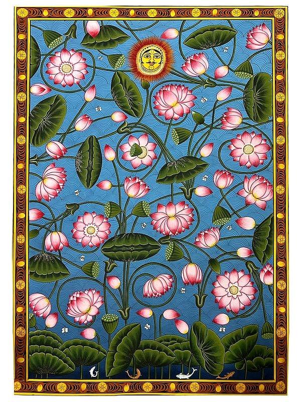exotic india Attractive Lotus Flower | Natural Color On Cloth | By Dheeraj Munot 