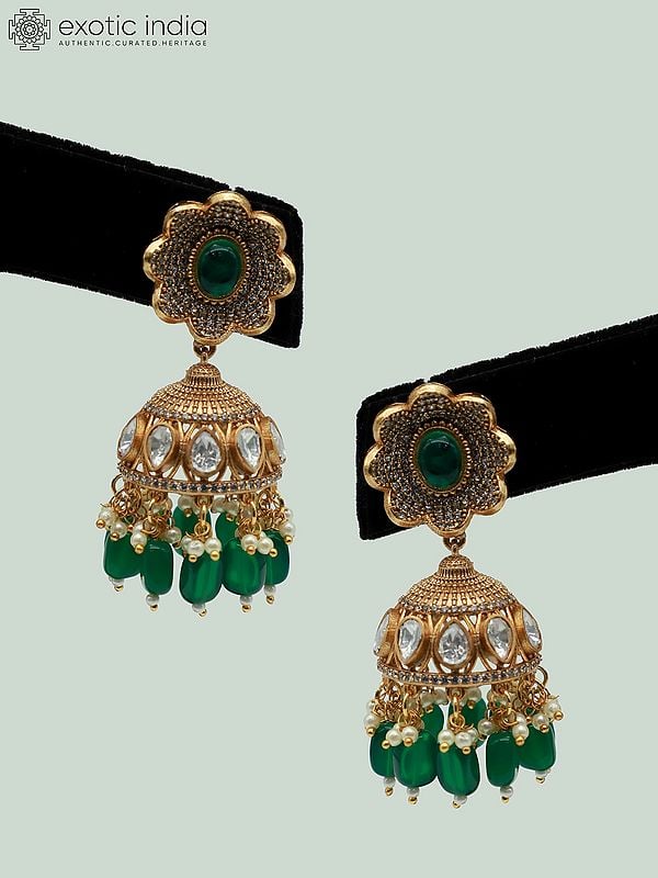 Exotic India Attractive Moissanite Kundan With Matt Polish Stone Studded Necklace With Beaded Earrings