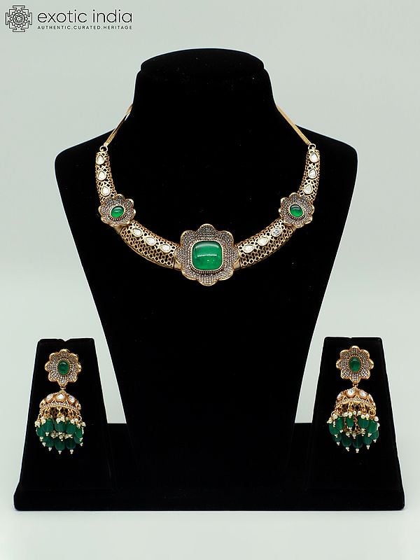 exotic india Attractive Moissanite Kundan With Matt Polish Stone Studded Necklace With Beaded Earrings 