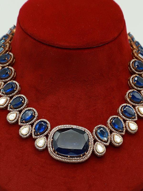 Exotic India Attractive Moissanite Necklace Set With Antique Polish And Doublet Stone Earrings