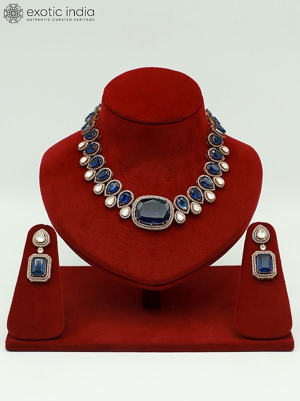 exotic india Attractive Moissanite Necklace Set With Antique Polish And Doublet Stone Earrings 