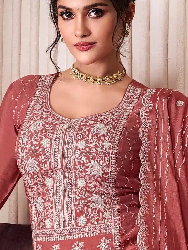 Exotic India Attractive Thread Embroidery And Sequins Work Chinon Palazzo Suit With Dupatta
