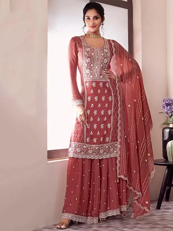 exotic india Attractive Thread Embroidery And Sequins Work Chinon Palazzo Suit With Dupatta 