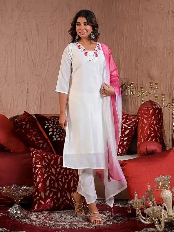 Exotic India Attractive Viscose Chanderi Embroidery Work Straight Festive Wear Kurta Set With Dupatta 
