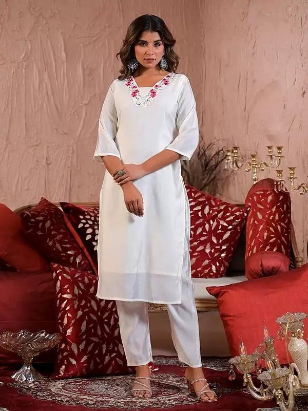 Exotic India Attractive Viscose Chanderi Embroidery Work Straight Festive Wear Kurta Set With Dupatta 