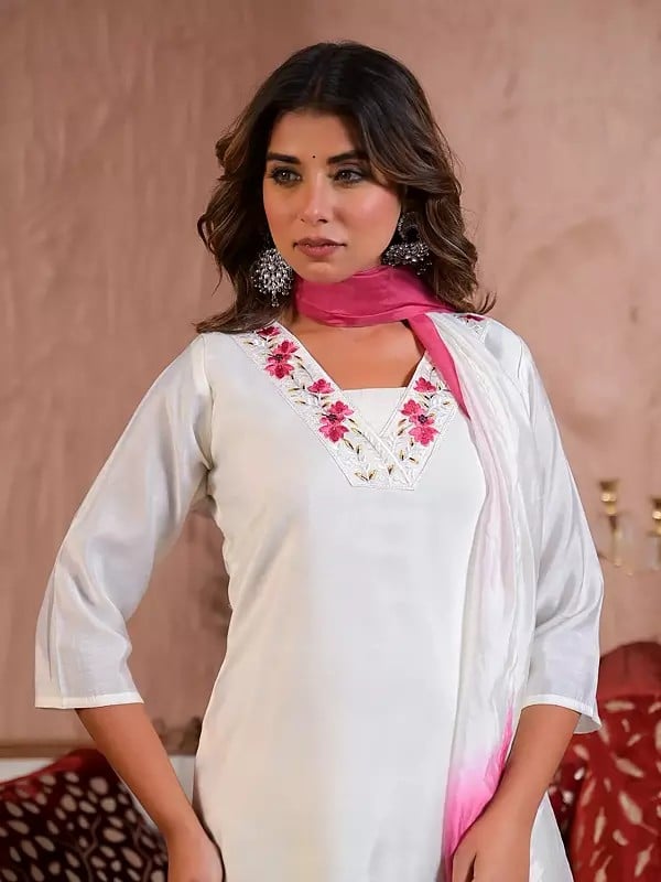 Exotic India Attractive Viscose Chanderi Embroidery Work Straight Festive Wear Kurta Set With Dupatta 