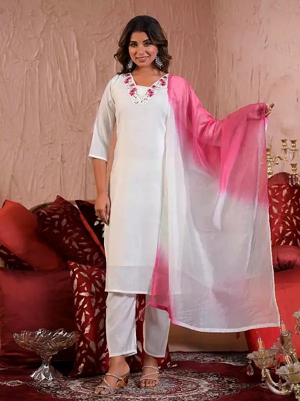 exotic india Attractive Viscose Chanderi Embroidery Work Straight Festive Wear Kurta Set With Dupatta 